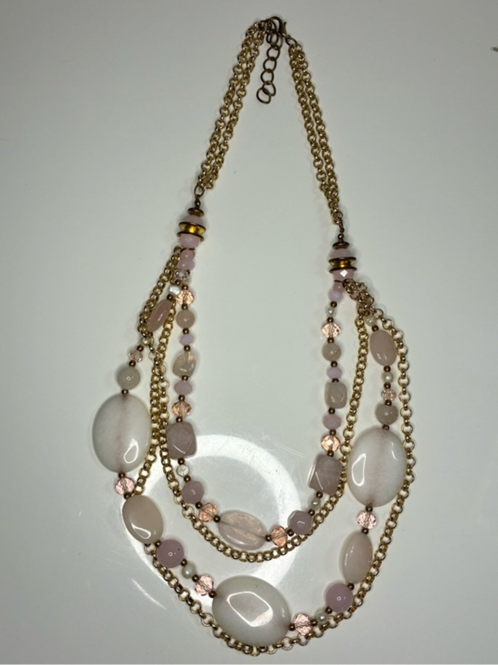 Multi-Strand Pink Rose Quart Chunky Beaded Gold-Tone Statement Necklace 156g